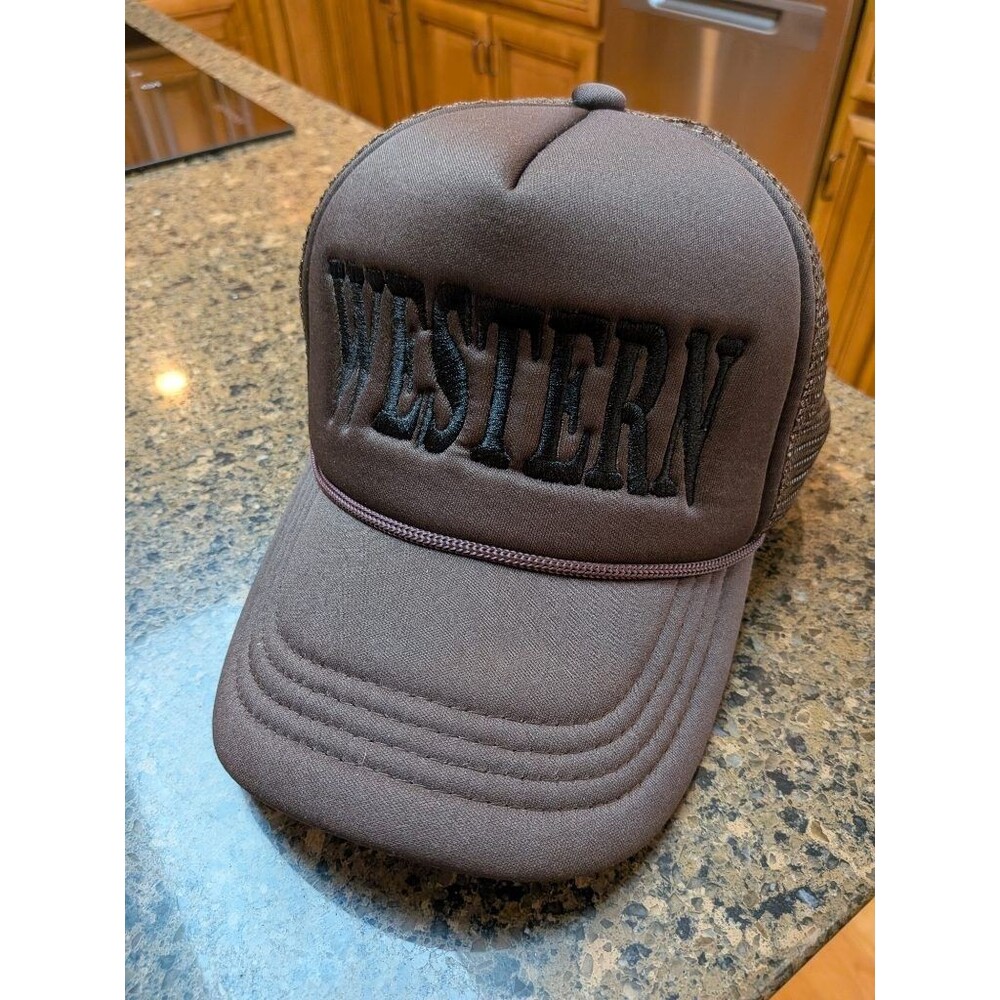 WESTERN Embroidered Print Foam Trucker Hat Brown Mesh Snapback Cowboy Cap